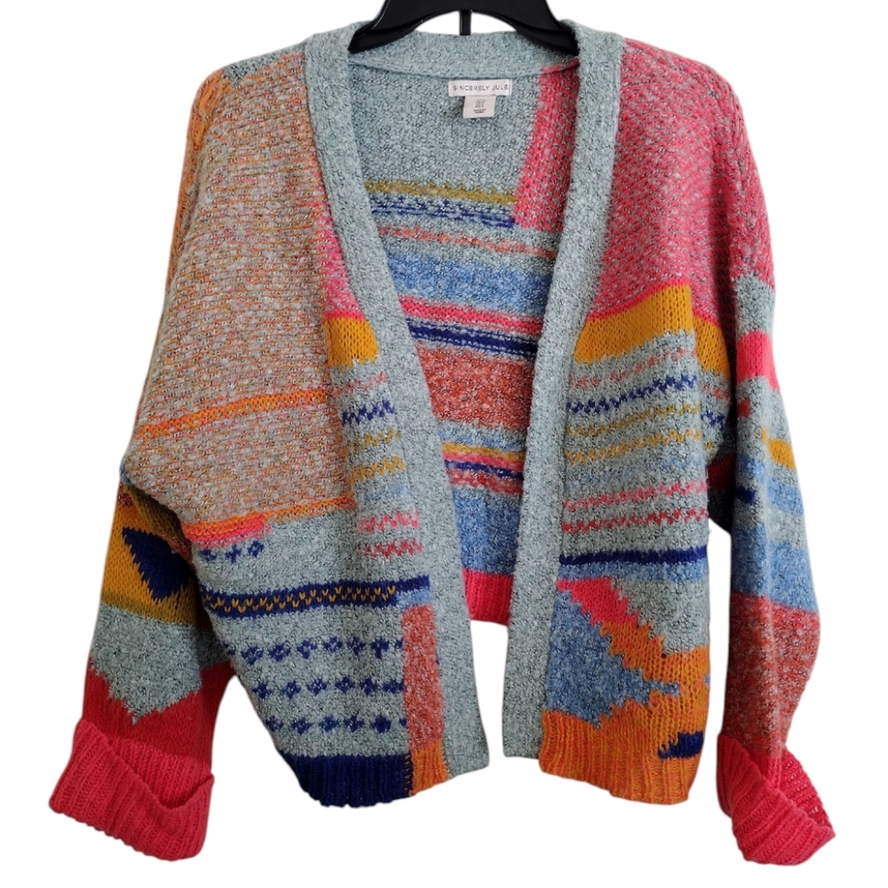 Sincerely Jules Bright Multicolor Boho Striped Geometric Pattern Cardigan Small
